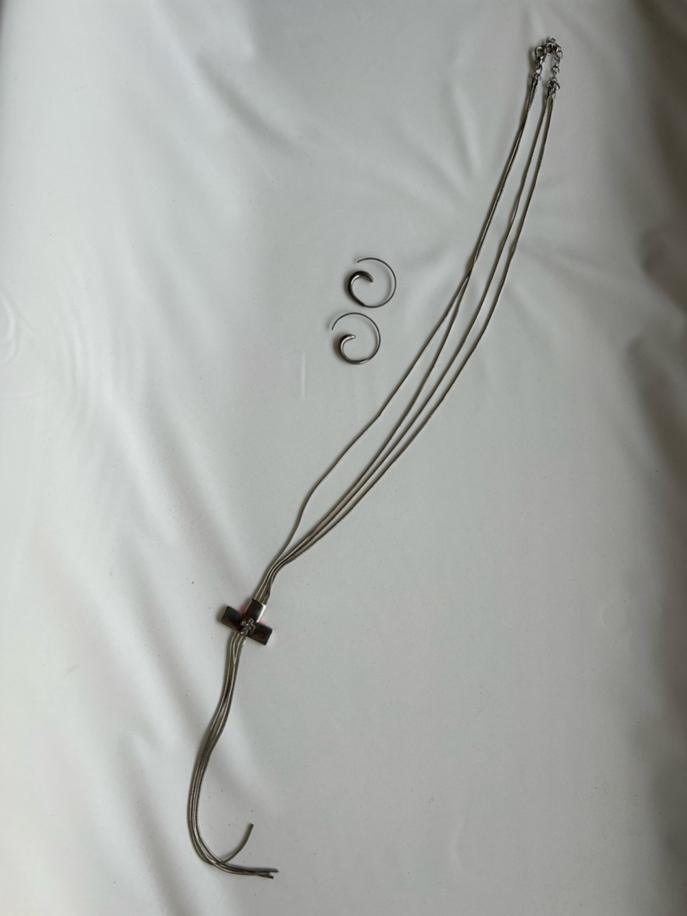 Silver Multi-Strand Cross Pendant Necklace with Hoop Earrings